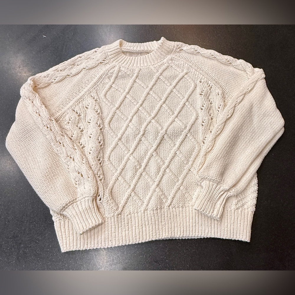 LOFT Cable Knit Sweater Womens MP Cream Excellent Diamond Textured Crew Neck